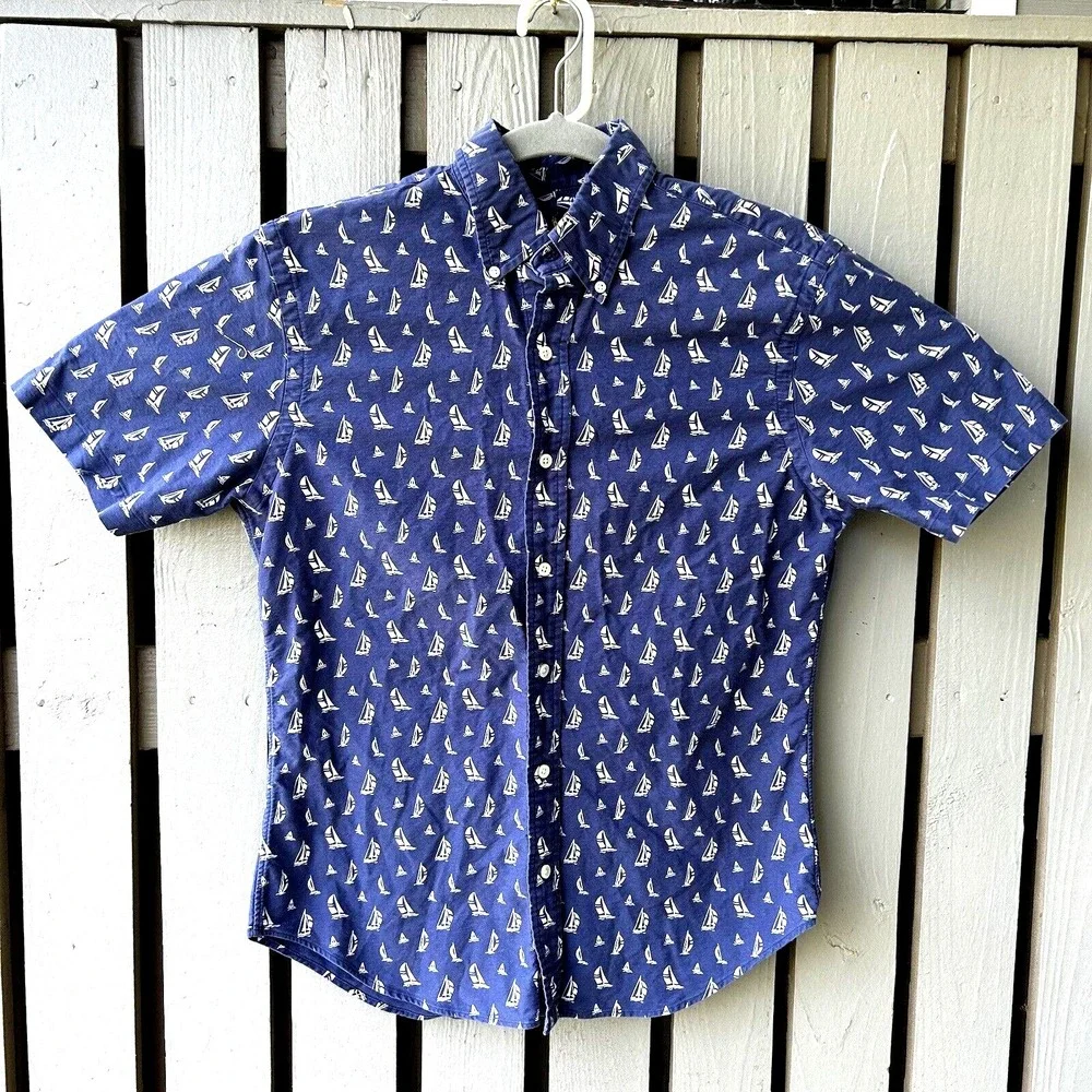 Polo Ralph Lauren Shirt Button Down Men's Medium‎ Short Sleeve Blue Sailboat